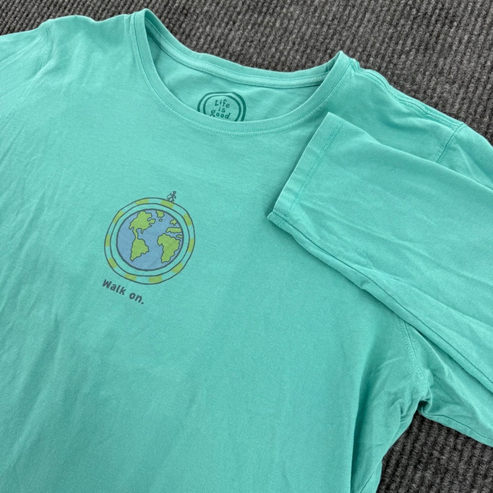 Life Is Good Womens XL Teal Green Walk On Earth Graphic Long Sleeve T Shirt